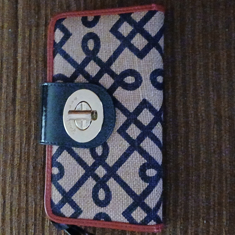 Spartina 449 Twist-Lock Burlap Fabric and Leather Wallet ■ Neutral with Red Trim - Picture 2 of 7